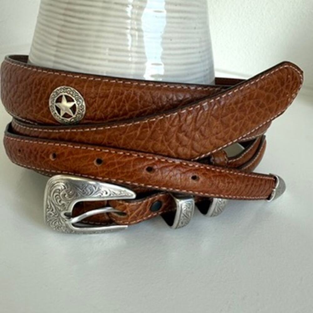 Western Tooled Silver Buckle‎ Belt American Bison Leather Brown Size 48 Cowboy - Picture 6 of 9